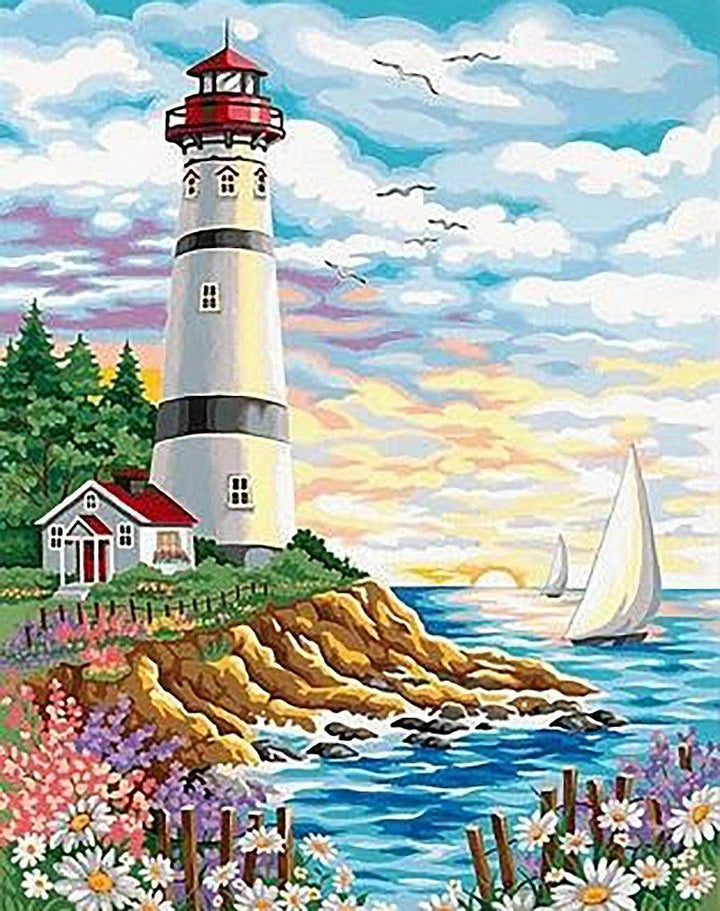 Lighthouse at Sunrise WD095 14.9 x 18.9 inches Wizardi Diamond Painting Kit