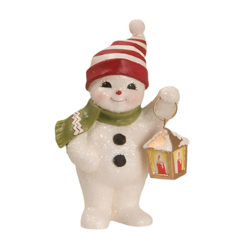 Bethany lowe Decorative snowman figurine with a striped hat, green scarf, and lantern 