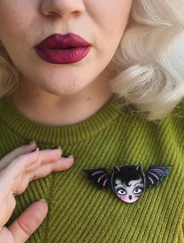 lily the vamp miss fluff bat brooch on model