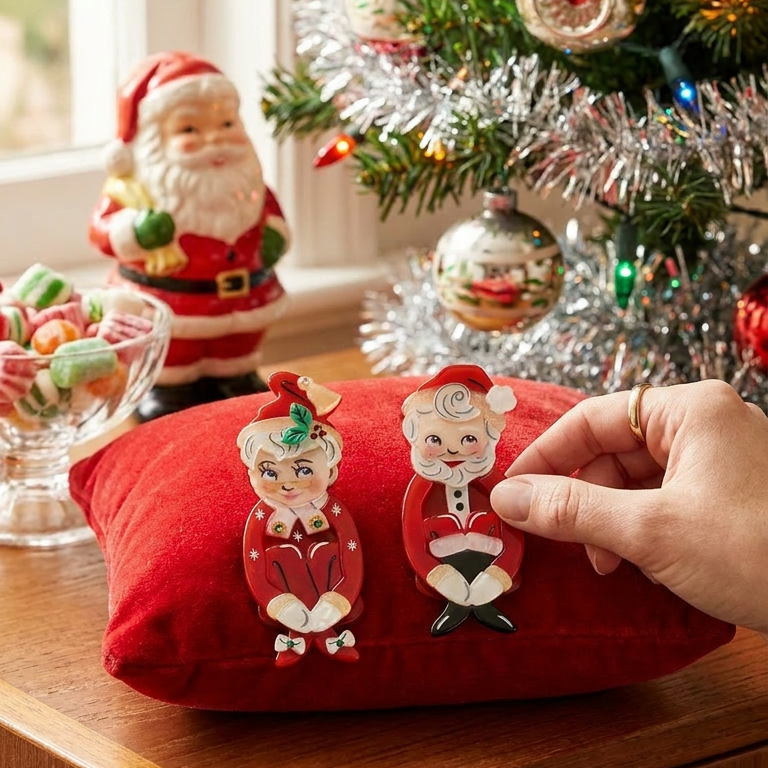 Mr. and Mary Kitschmas kneehugger brooches by 50's Vintage Dame x Lipstick & Chrome on a red pillow