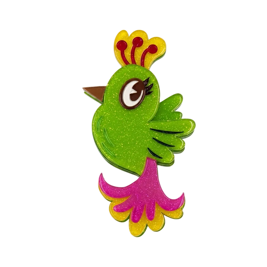 Miss-fluff-tiki-tweety-acrylic-brooch Lipstick and chrome
