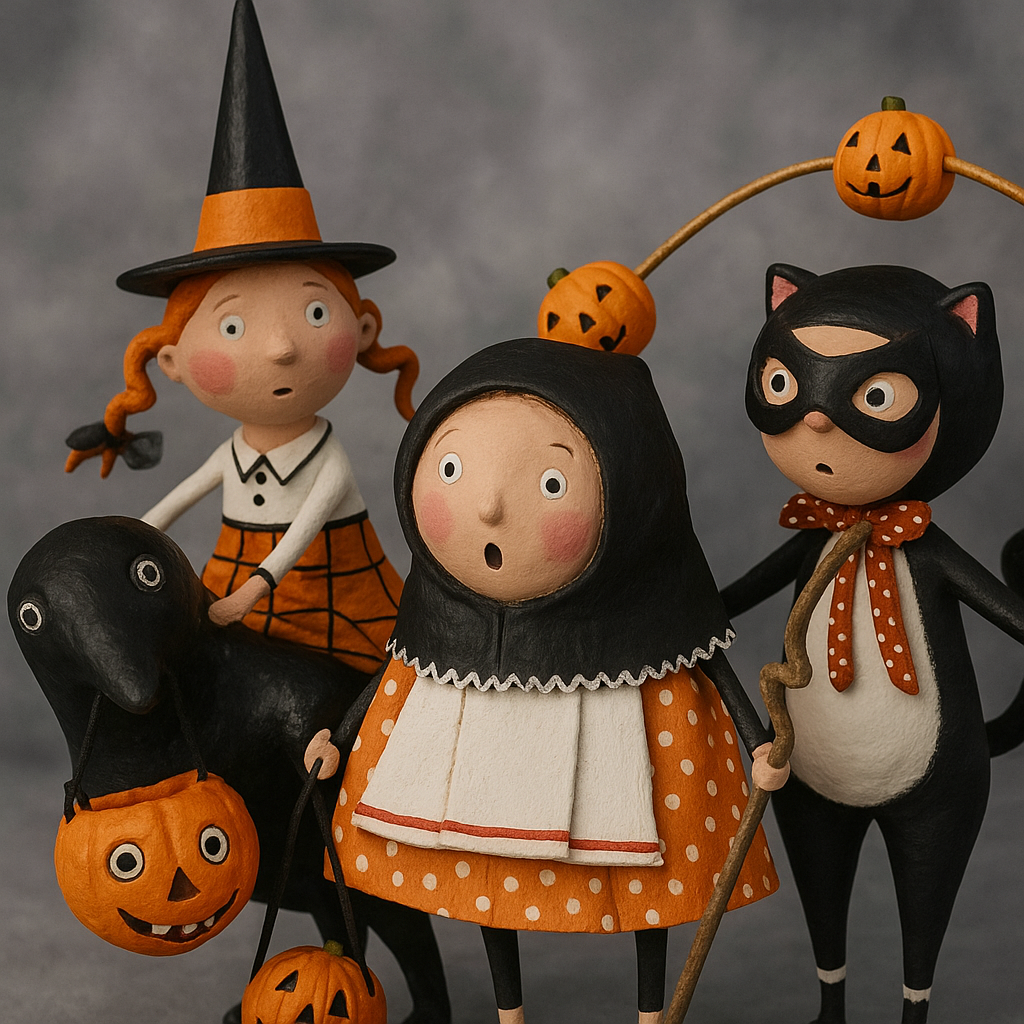 Halloween-themed figurines including a witch, cat, and spider with pumpkins on a gray background.