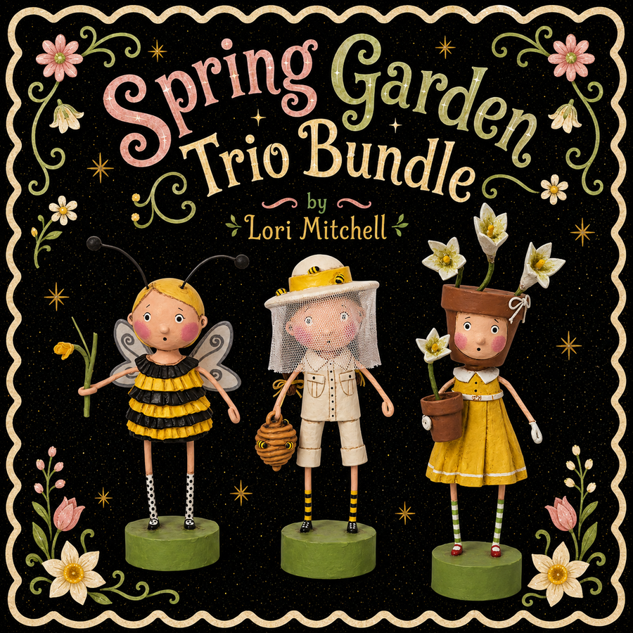 spring Garden Trio Bundle by Lori Mitchell, showing three whimsical children's characters in bee, gardener, and flower-carrying outfits on green pedestals against a black background with decorative floral borders and the title text.