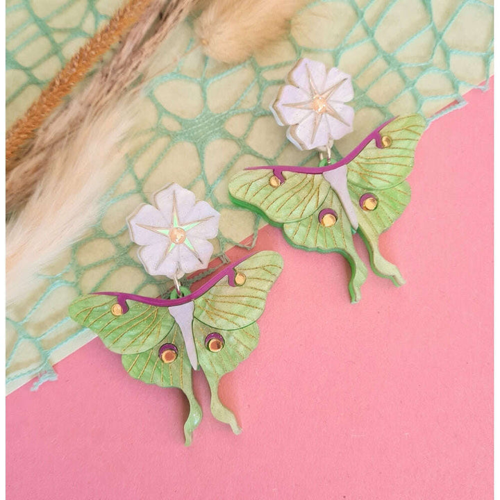 Luna Moth And Moonflower Earrings by Cherryloco Jewellery