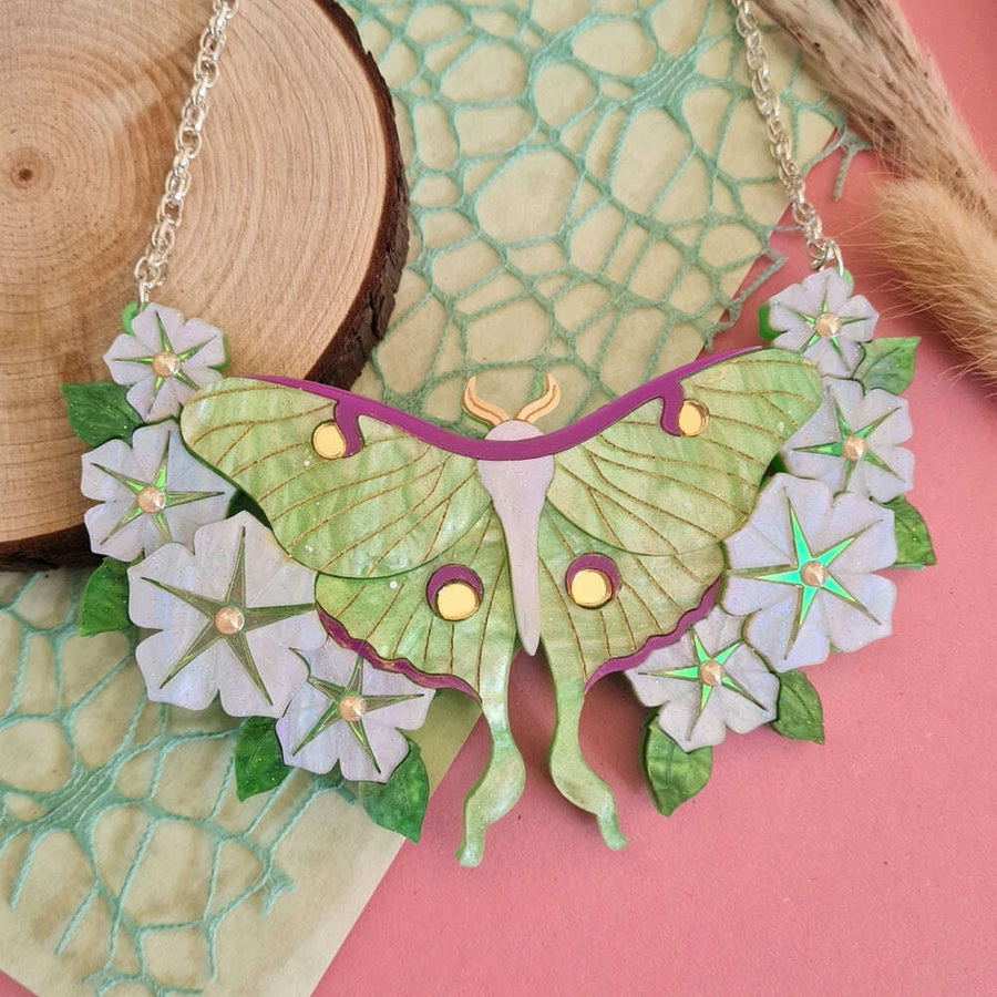 Luna Moth and Moonflower Statement Necklace 