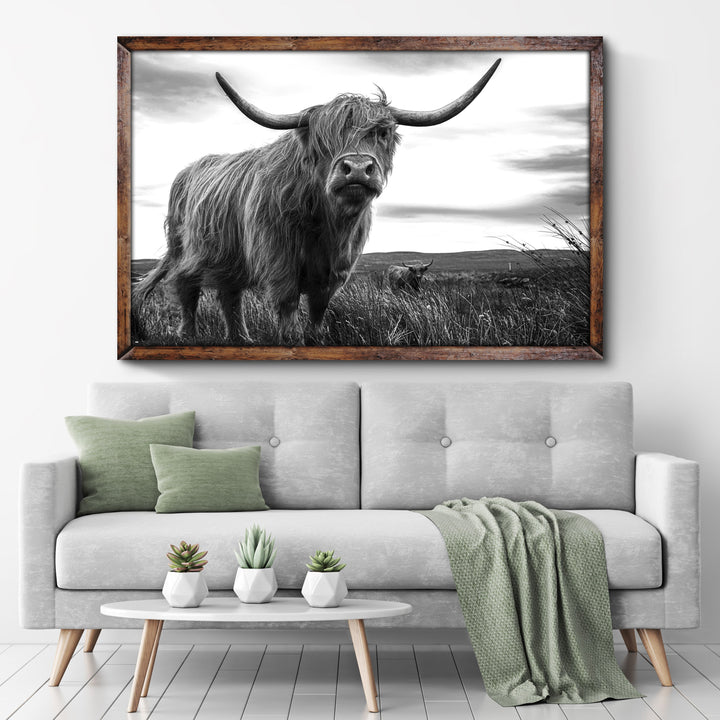 Highland Cow Black And White Portrait Canvas Wall Art