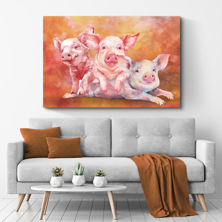 Three Baby Pigs Watercolor Canvas Wall Art
