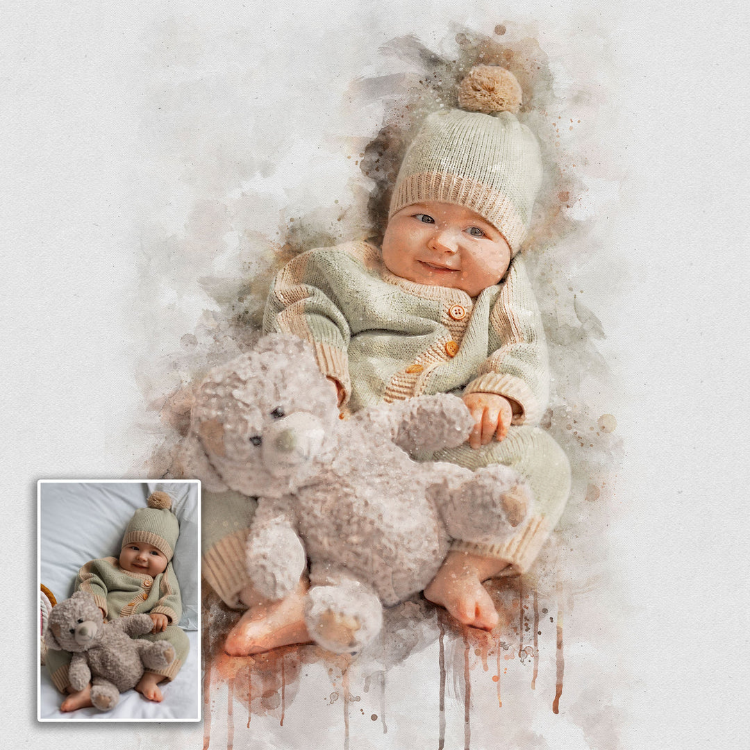 Newborn Baby Watercolor Portrait Custom Wall Art