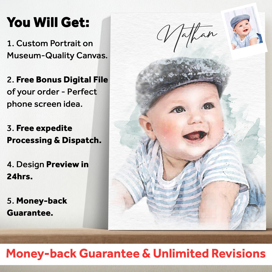 Newborn Baby Watercolor Portrait Custom Wall Art