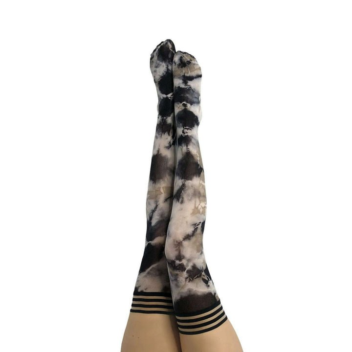 MacKenzie: Black and White Tie Dye Thigh Highs. Petite to Plus Size