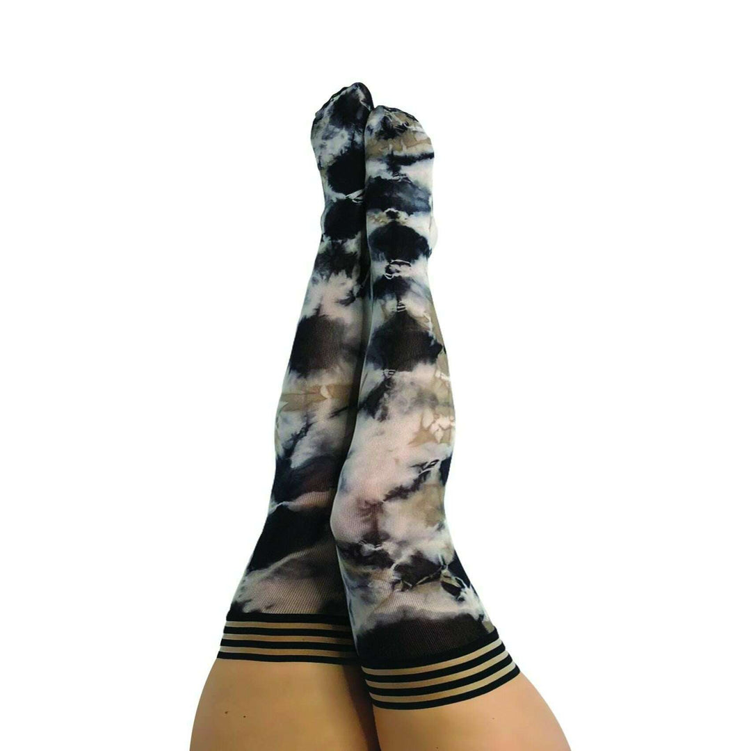 MacKenzie: Black and White Tie Dye Thigh Highs. Petite to Plus Size