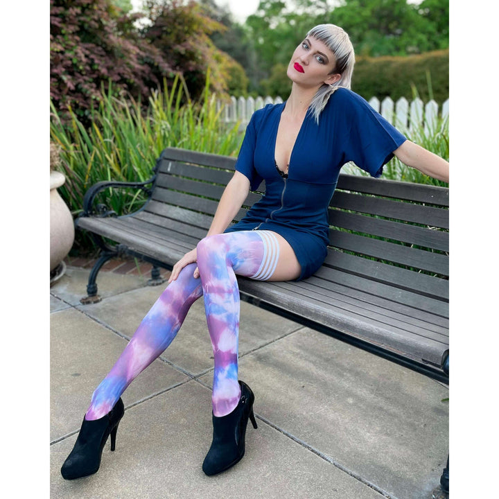 Madisen: Blue and Purple Tie Dye Thigh Highs. Petite to Plus Size