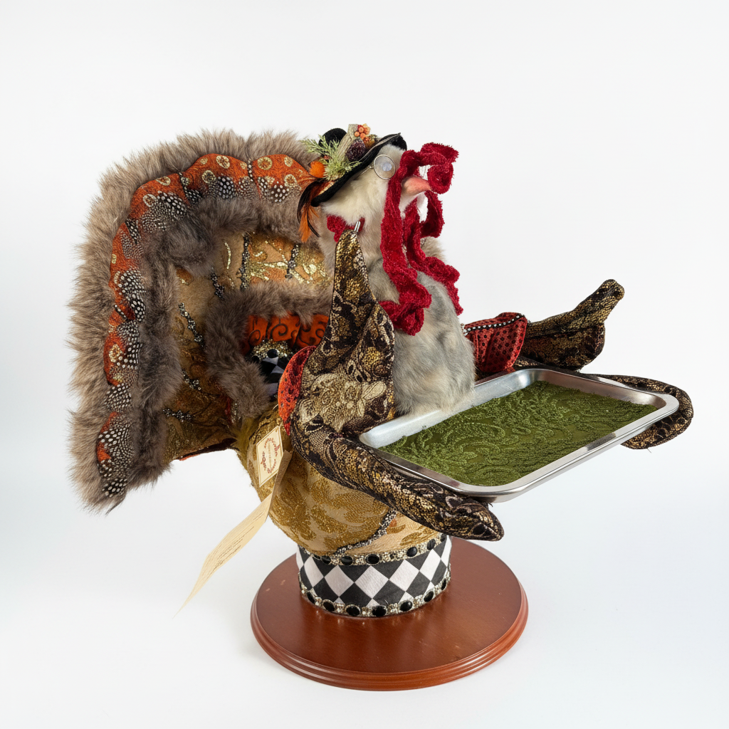 Decorative horse head sculpture with fur and a tray on a white background