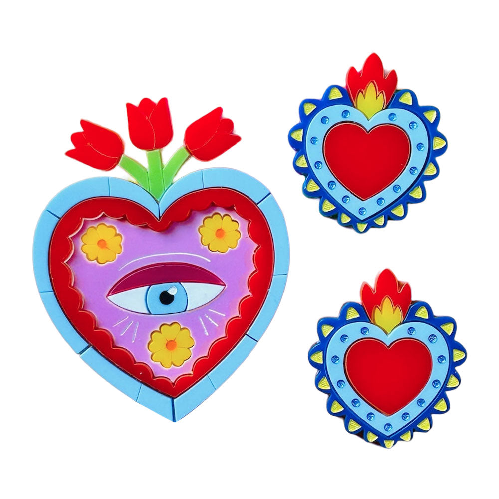Mexican Folk Art Collection - Milagros with Eye and Red Tulips Acrylic Brooch + Stud Earrings by Makokot Design