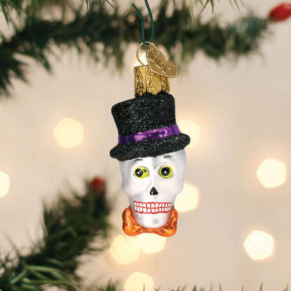 Mini Top Hat Skeleton Halloween Blown Glass Ornament