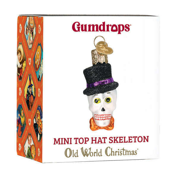 Mini Top Hat Skeleton Halloween Blown Glass Ornament