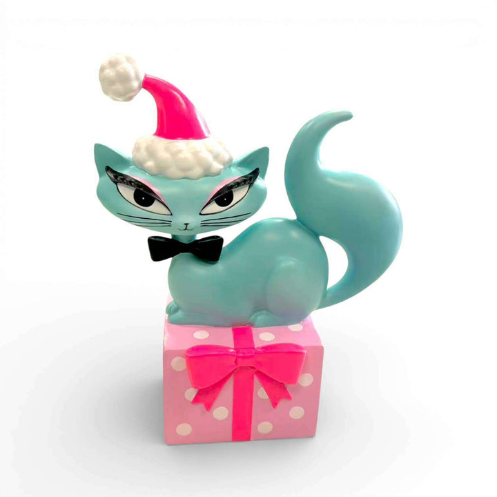 10 inch Teal Retro Cat on Pink Gift Box figurine by Miss Fluff for December Diamonds, mid-century holiday collectible