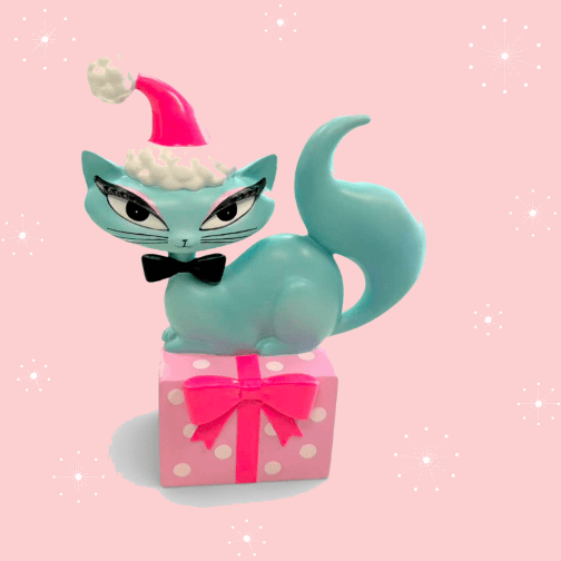 Teal Retro Christmas Kitty Figurine | Miss Fluff December Diamonds