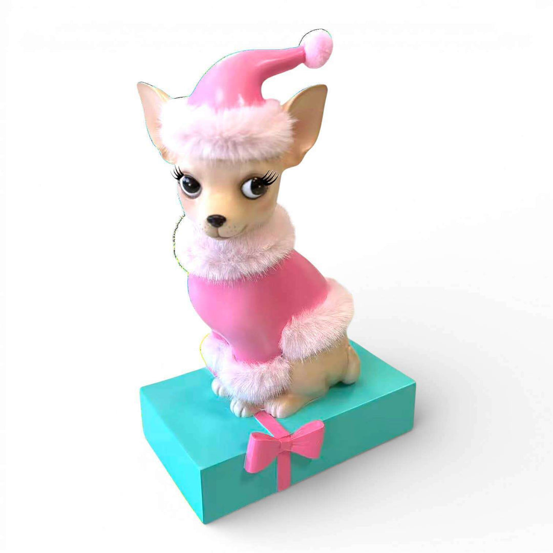 Sophie the Chiwee 11.5 inch Chihuahua in Pink Coat on Gift Box figurine by Miss Fluff for December Diamonds