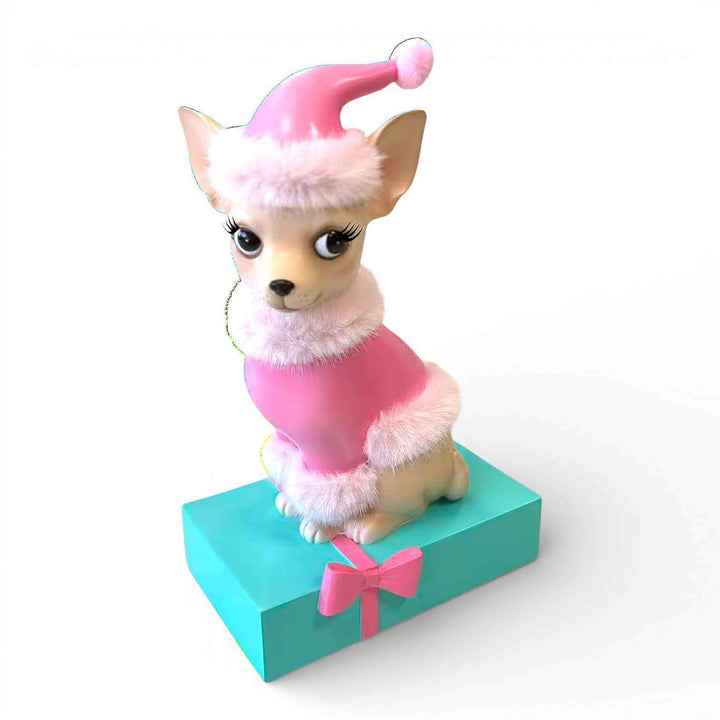Sophie the Chiwee 11.5 inch Chihuahua in Pink Coat on Gift Box figurine by Miss Fluff for December Diamonds