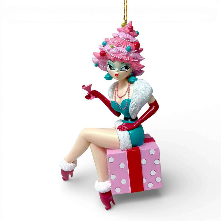 Miss Holly Daze 6.5 inch Martini Lady on Present ornament by Miss Fluff for December Diamonds, retro vintage collectible