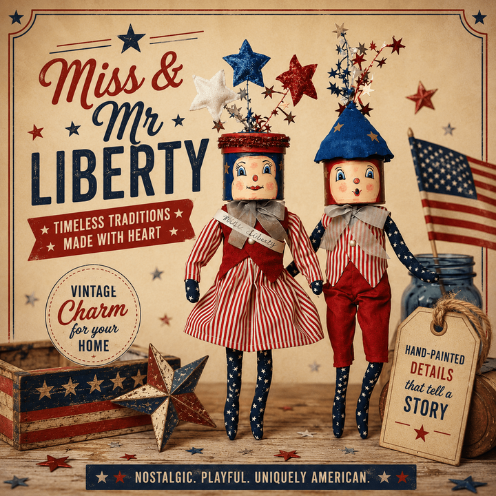 Two vintage-style dolls labeled 'Miss & Mr Liberty' on a patriotic-themed background.