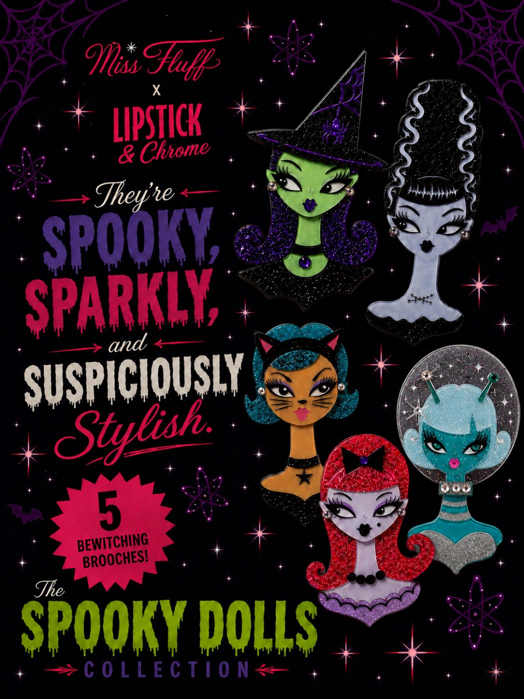 Spooky Doll Squad 5 Piece Brooch Set by Miss Fluff x Lipstick & Chrome
