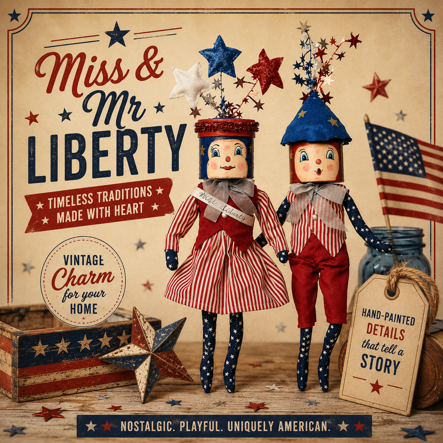 Two vintage-style dolls labeled 'Miss & Mr Liberty' on a patriotic-themed background.