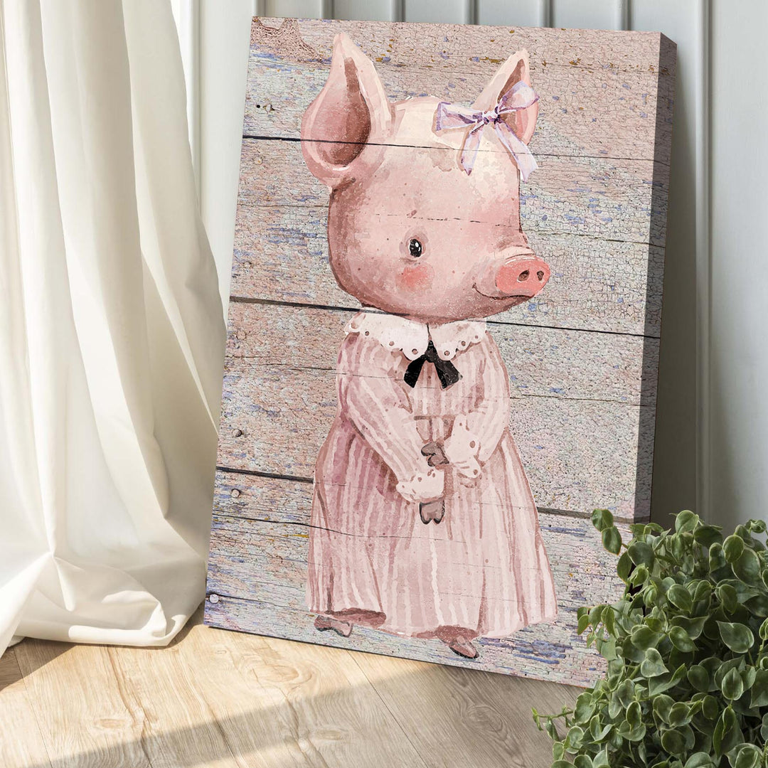 Simple Ribbon Dress Pig Canvas Wall Art