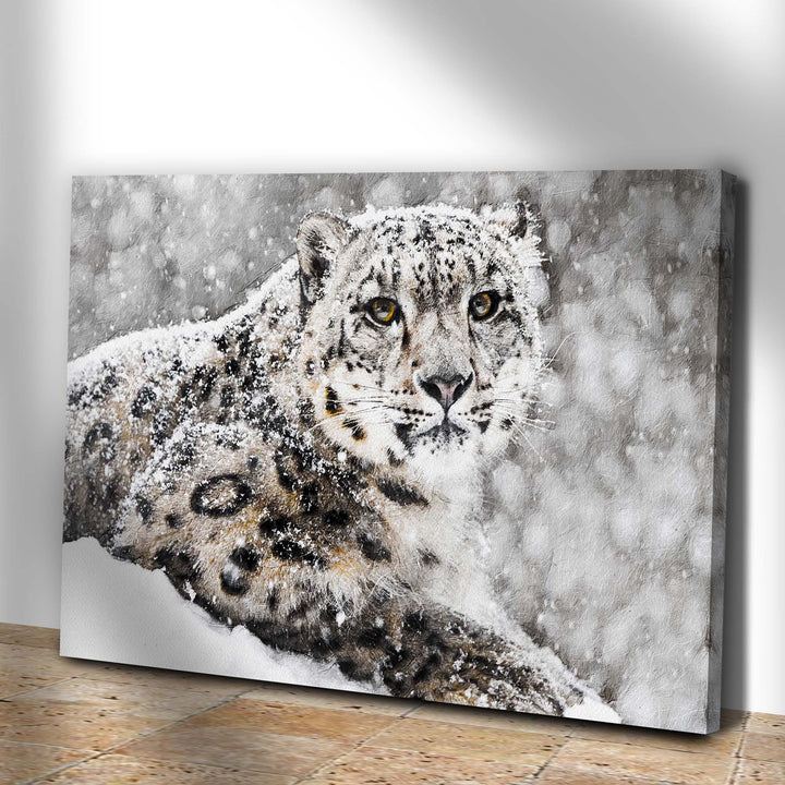 Snow Leopard In Blizzard Canvas Wall Art
