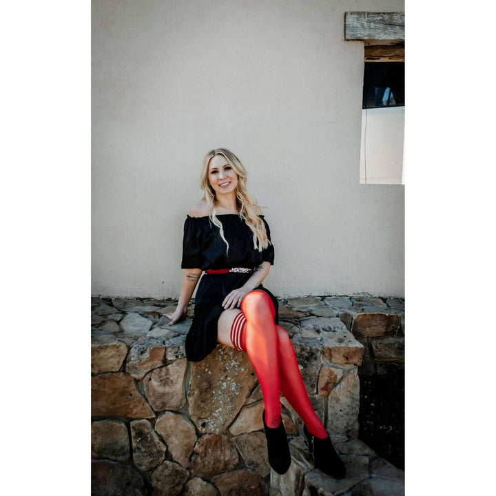 Monica: You'll be Feeling Hot Hot Hot! Red Sheer with Black Seam, Cuban Heel Thigh Highs. Petite to Plus Size