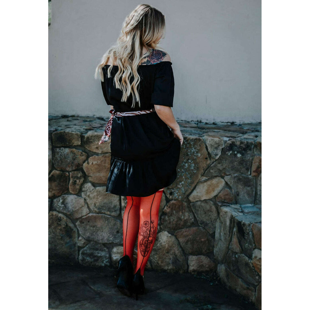 Monica: You'll be Feeling Hot Hot Hot! Red Sheer with Black Seam, Cuban Heel Thigh Highs. Petite to Plus Size