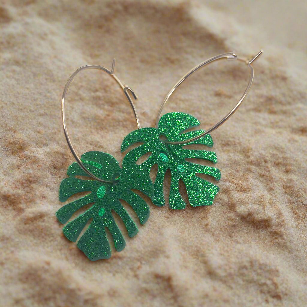 Glitter Monstera Hoop Earrings