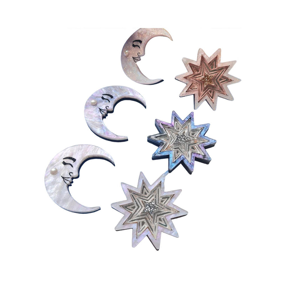 Moon And Star Brooch Set by Cherryloco Jewellery 1