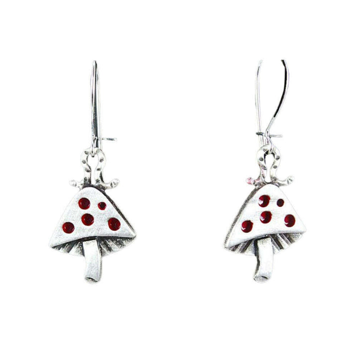 Chickenscratch Mushroom Earrings — cast sterling silver mushroom charm earrings with inchworm topper and red enamel accents, sterling silver kidney ear wires