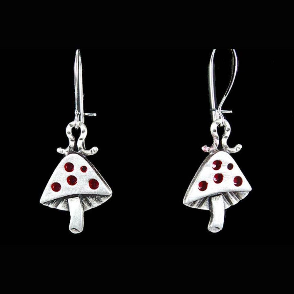 Chickenscratch Mushroom Earrings detail — artisan sterling silver mushroom and inchworm earrings handmade in USA