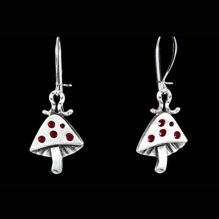 Chickenscratch Mushroom Earrings detail — artisan sterling silver mushroom and inchworm earrings handmade in USA