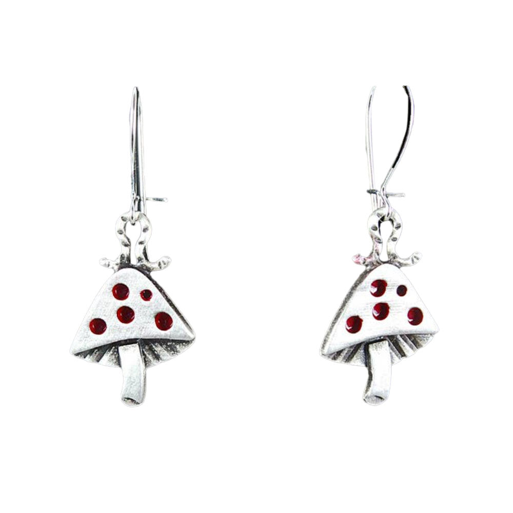 Chickenscratch Mushroom Earrings — cast sterling silver mushroom charm earrings with inchworm topper and red enamel accents, sterling silver kidney ear wires