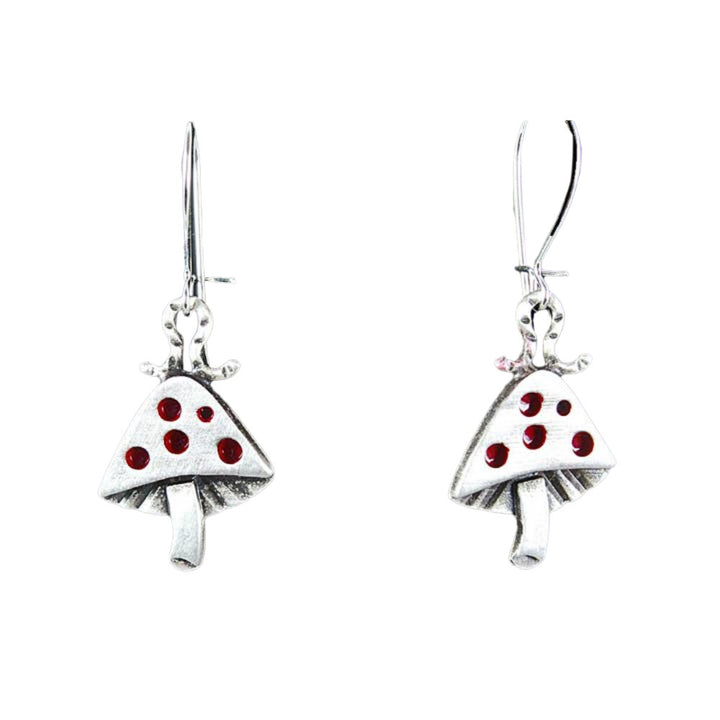 Chickenscratch Mushroom Earrings — cast sterling silver mushroom charm earrings with inchworm topper and red enamel accents, sterling silver kidney ear wires