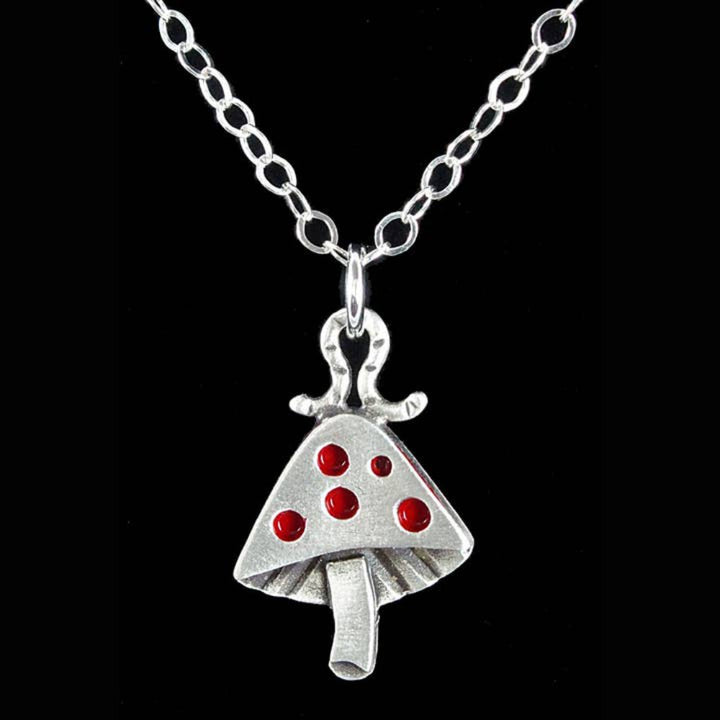 Chickenscratch Mushroom Necklace detail — artisan sterling silver mushroom charm necklace with inchworm handmade in USA