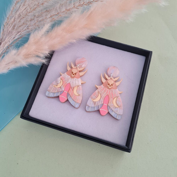 Mystic Moon Moth Earrings &ndash; Coral Sunset by Cherryloco Jewellery