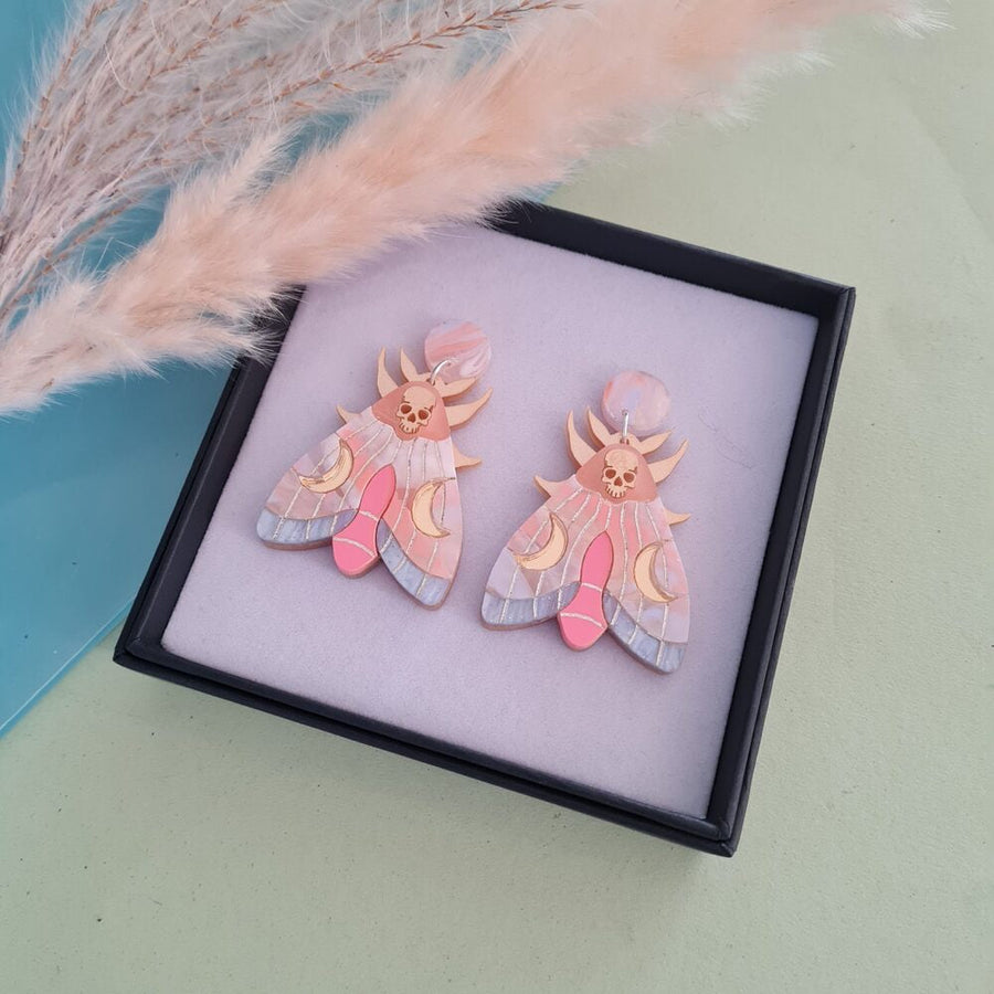 Mystic Moon Moth Earrings &ndash; Coral Sunset by Cherryloco Jewellery