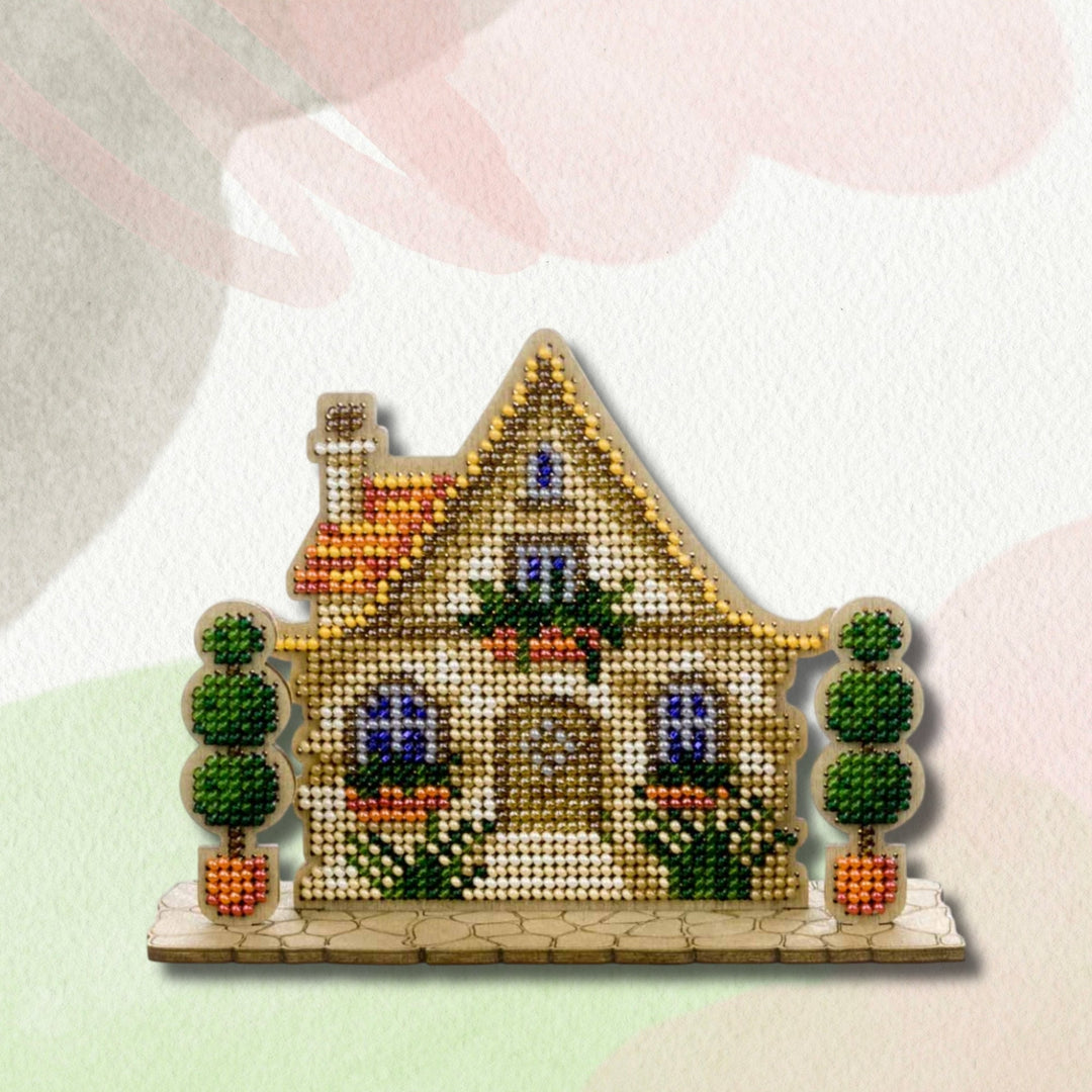 Wooden Bead Embroidery Kit ‚Äì ‚ÄúHouse With Topiary‚Äù FLK-589