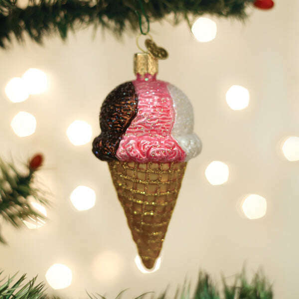 Old World Christmas Neapolitan Ice Cream Cone Blown Glass Ornament
