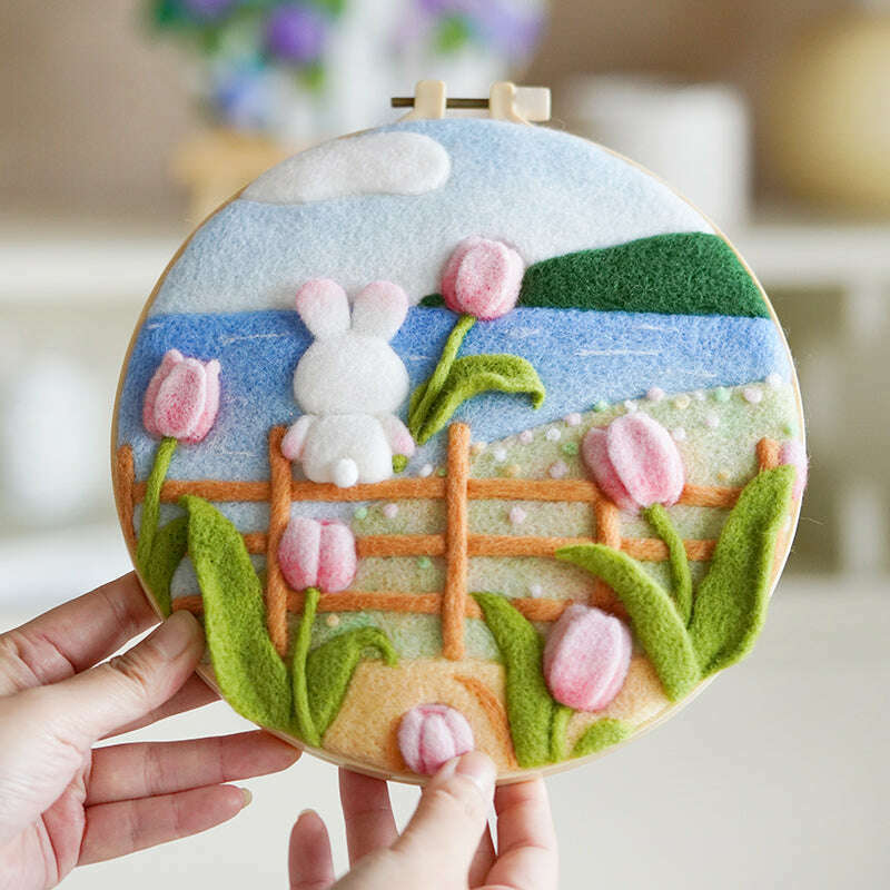 Needle Felting Kit - Rabbit with Flowers. Wizardi DIY Wool Craft Kit F07N8-W443