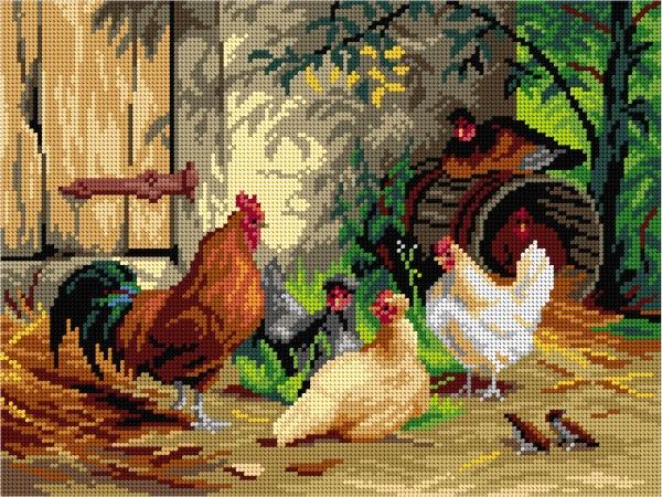 Needlepoint canvas for halfstitch without yarn after Carl Jutz the Elder - Chickens in front of the Stable 3288J - Printed Tapestry Canvas