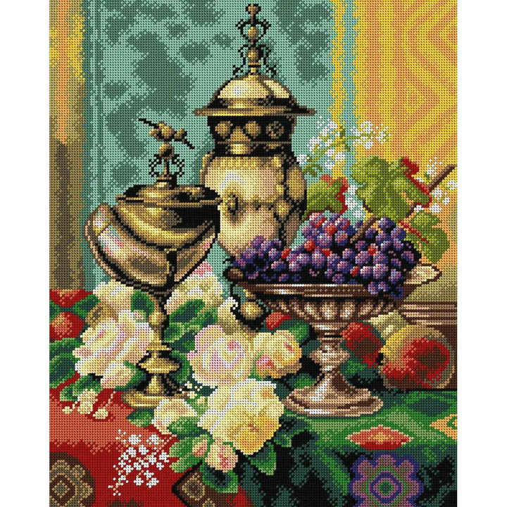 Needlepoint canvas for halfstitch without yarn after Jean Baptiste Robie - Still Life with Roses, Grapes and a Silver Inlaid Nautilus Shell 2867M