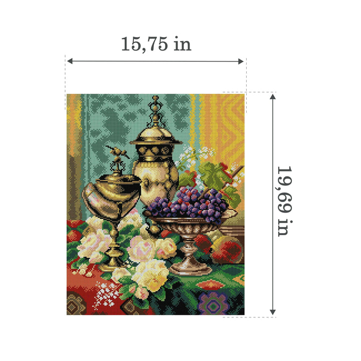 Needlepoint canvas for halfstitch without yarn after Jean Baptiste Robie - Still Life with Roses, Grapes and a Silver Inlaid Nautilus Shell 2867M