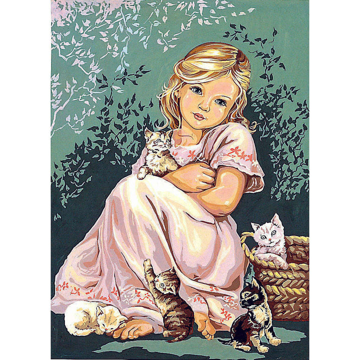 Needlepoint canvas for halfstitch without yarn Canvas Little Girl with Cats SE929.116 Seg De Paris Printed Tapestry Canvas