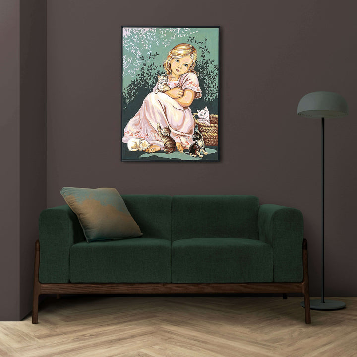 Needlepoint canvas for halfstitch without yarn Canvas Little Girl with Cats SE929.116 Seg De Paris Printed Tapestry Canvas
